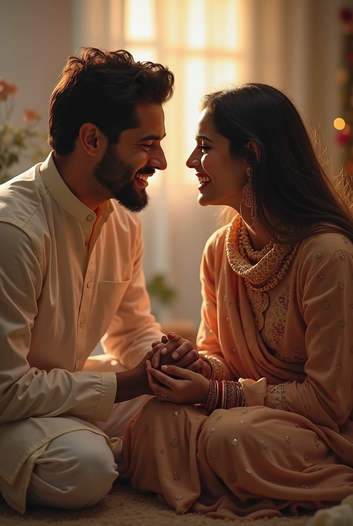 Create a realistic 3D image like indian 25 year old boy light beard and a the big figure 40 years old indian woman Both smiling in romantic mood Girl making rakhi bracelet kiss in the while in home town Window visible in the background there is a clock on it The boy was wearing a white T-shirt and trouser. And the girl was wearing indi Top and trouser. Sister written in caption 3D on boy's t-shirt Brother written on woman's T-shirt.. The quality of the picture should be good and nothing should be mixed.