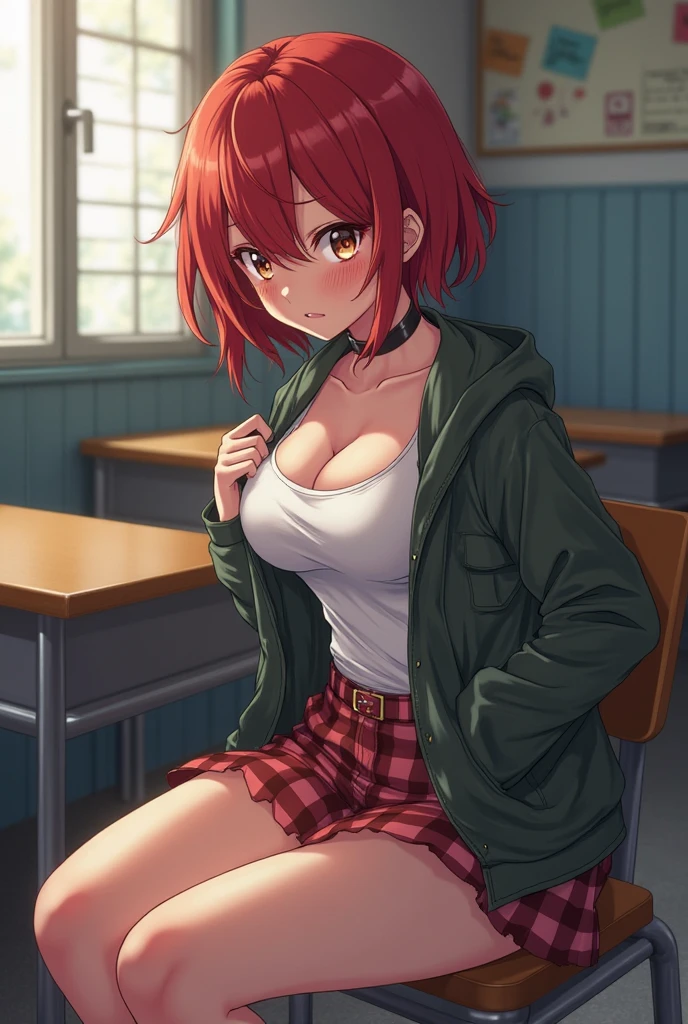 It is an anime woman with medium-short red hair with her hair facing forward, short, with school clothes without a shirt, only showing the frames, and a gray miniskirt.