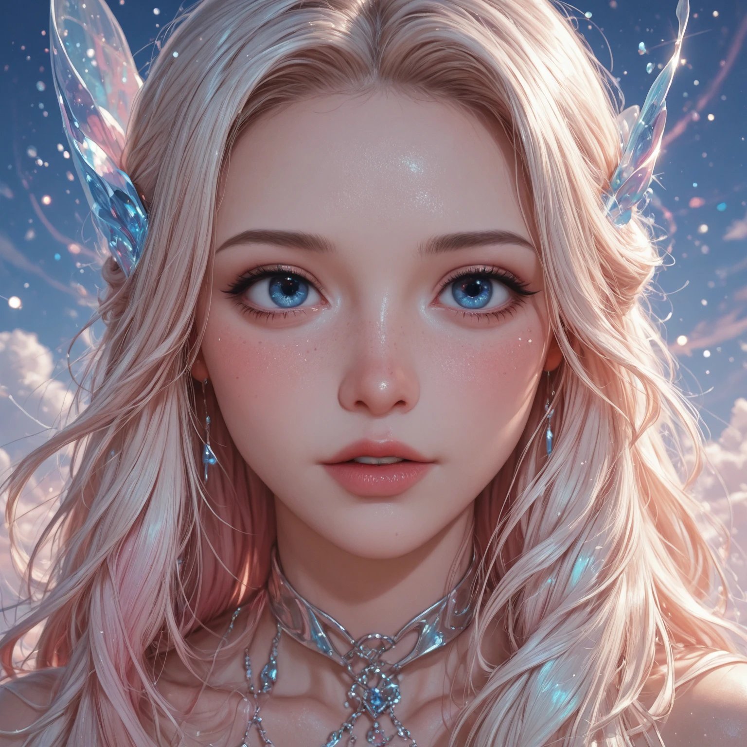 ( Absurd, High quality, ultra-detailed, masterpiece, concept art, smooth, highly detailed artwork, hyper-realistic painting )beautiful eyes(eyes detailed),1  pretty girl, surrounded with cute tiny cat with wings, Rose with pink, yellow, and blue color, Rainbow, dreamy, clouds, Vivid, fantasy