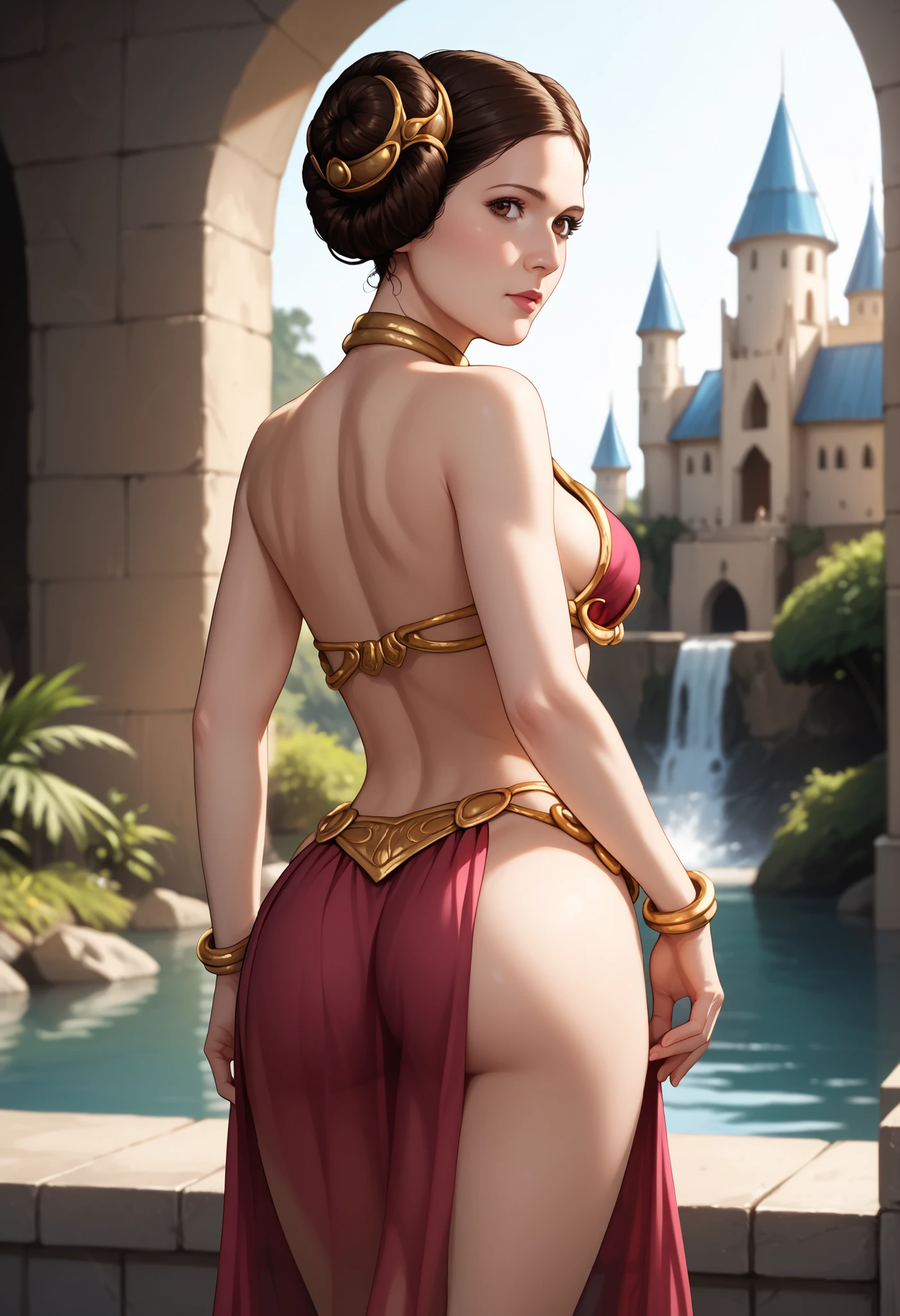 princessleia, brown hair, hair buns, brown eyes, natural medium breasts, BREAK, slave Leia outfit, BREAK, (rear view), looking at viewer, seductive, sexy pose, BREAK, outside a deserted medieval castle, BREAK, zPDXL3, masterpiece, dramatic lighting, highly detailed, depth of field #Leia-Leila-00
