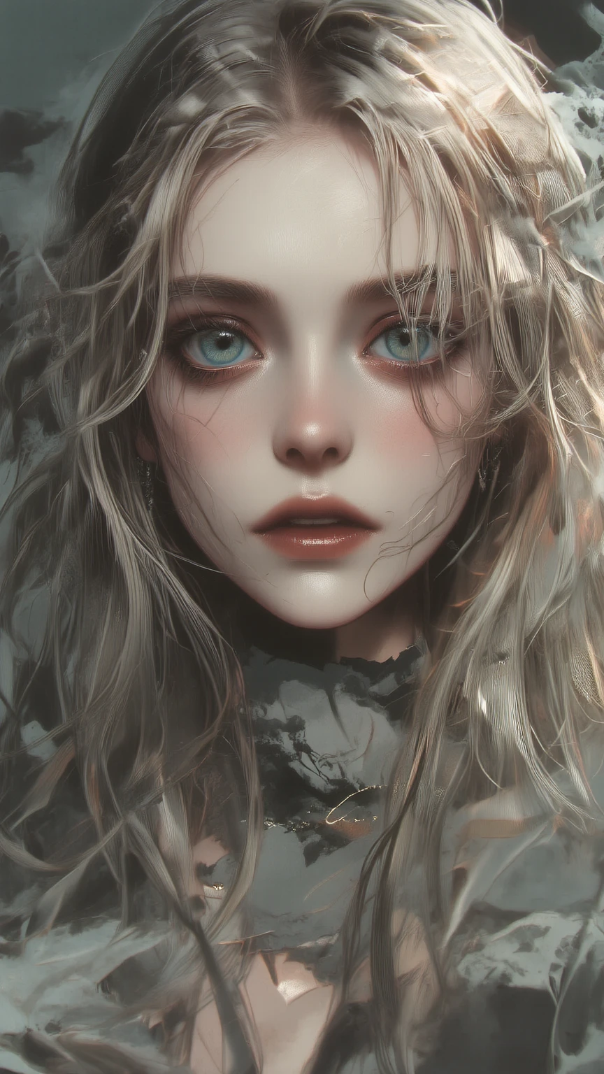 grey hair, colored inner hair, wet hair, hair bikini, maid headdress, demon horns, mismatched pupils, devil pupils, from side, from side, god rays, ray tracing