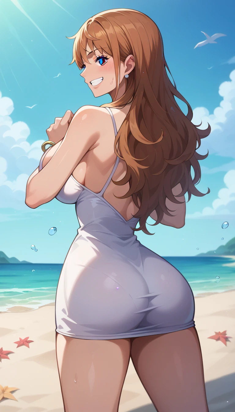 ((masterpiece,best quality)), rose Brown hair,long hair,blushed,Big ass,view of her butt,looking at the viewer,bikini