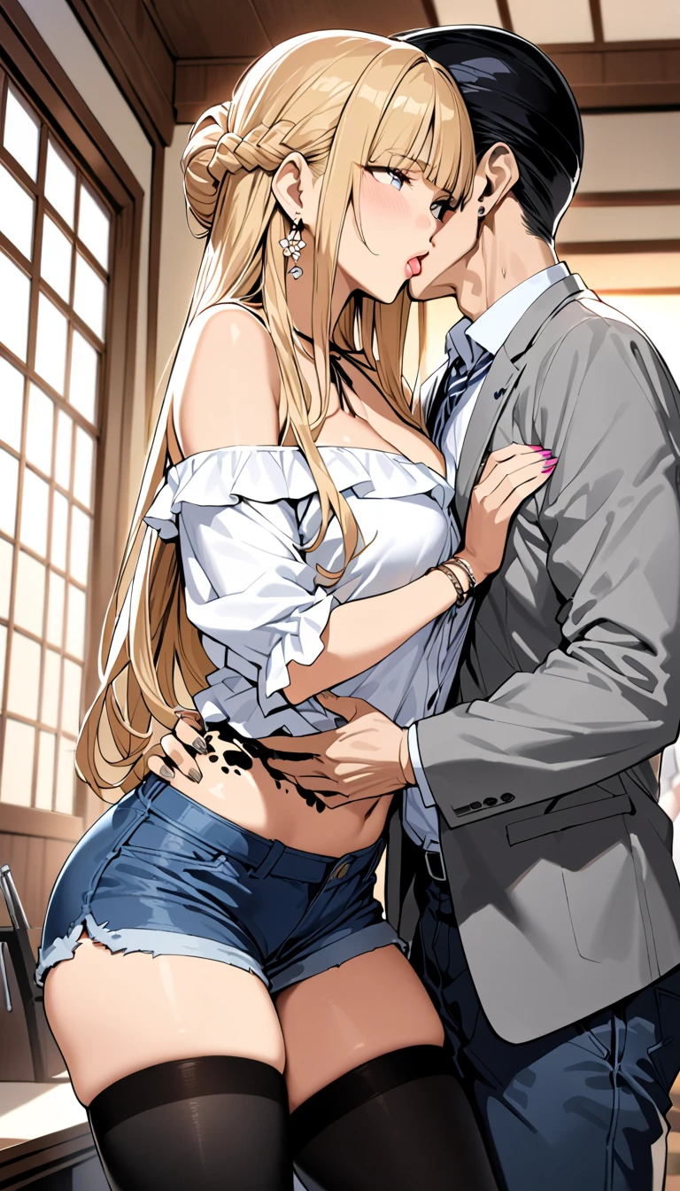 sensual、((Blonde wavy hair))、thick thighs、8k、4k、highest quality、(High resolution:1.7)、Cute anime face、noise reduction、((Close ~ eyes:1.5、Contorting the face in pain:1.3、blush))、(nsfw:1.5)、(standing back vaginal sex:1.5)、(hug me from behind:1.5)、(((SFW huge body)))、(one man:1.5)、(muscle:1.5)、(Standing position with one leg raised:1.5)、(1 man and 1 woman are having sex:1.6)、(Penis inserted into vagina:1.5)、(Side view:1.5)