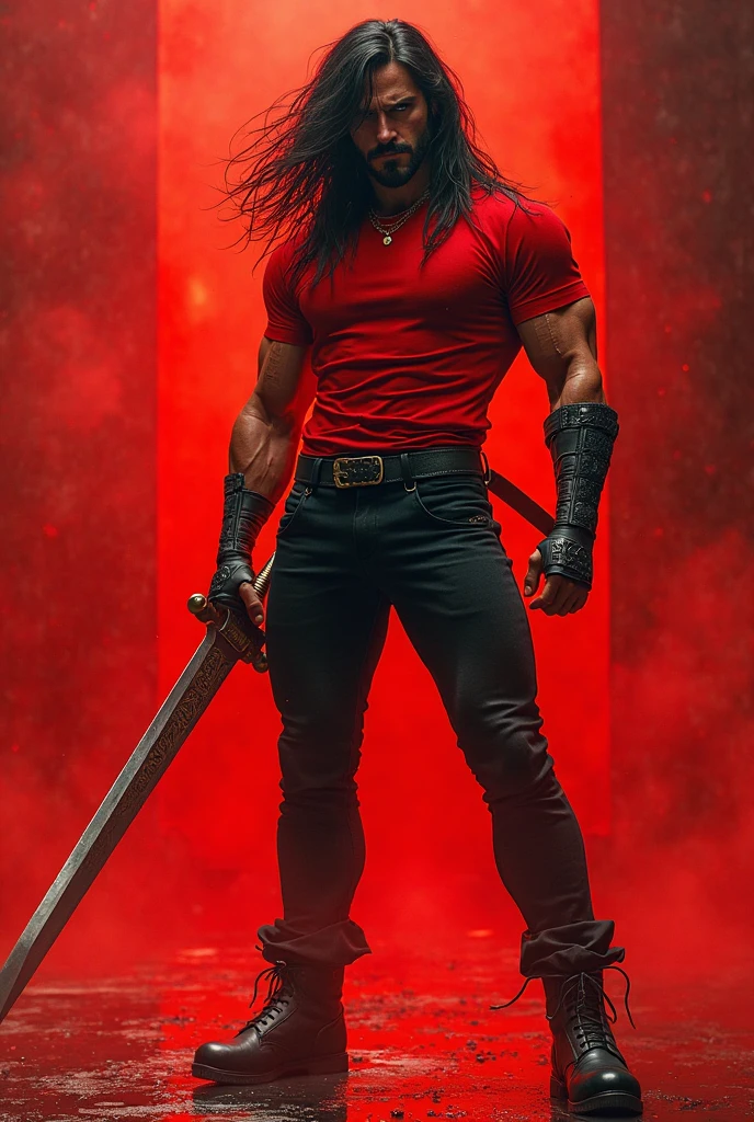 Background of fire surrounding mountains and red sky with a giant blood moon Front Young white man in his 20s Muscular defined face without beard Bright red eyes Long straight black hair flying in the wind White leather pants No shirt Black steel boots that extend to the knee Holding Black steel sword with handle wrapped in white tape Black steel bracer Large black marks all over the body