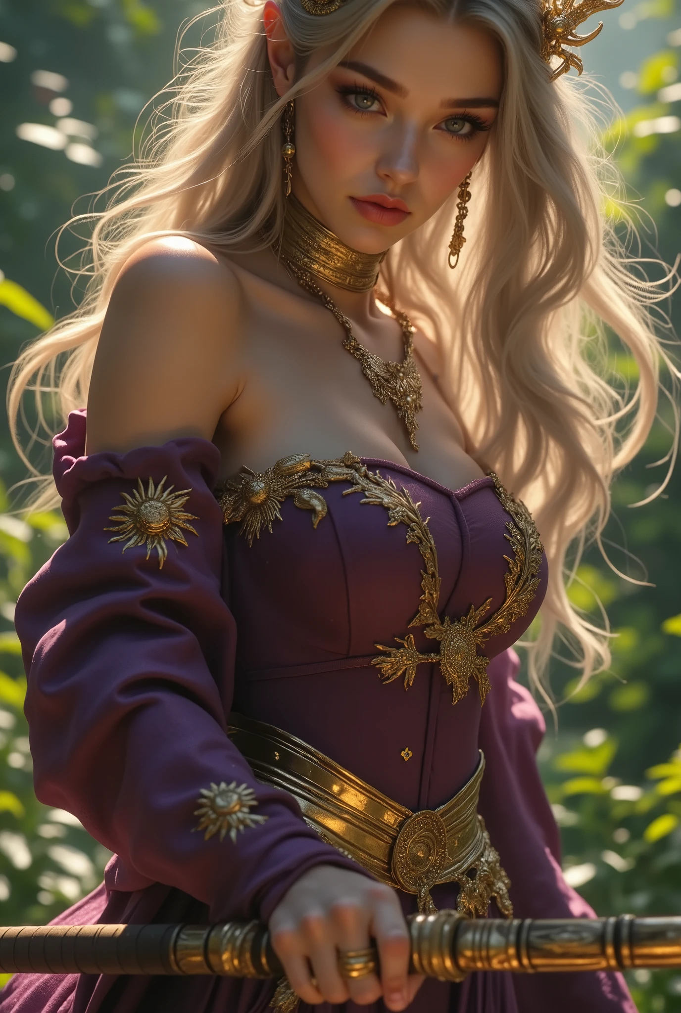 (UHD, retina, masterpiece, textured skin, super detail, best quality, 8k, accurate, anatomically correct, super detail, extremely precise in every detail, beautiful detailed glow, beautiful attention to detail, beautiful detailed eyes), a female General holds a "薙刀", (wears a shiny tight-fitting glossy dark-purple long evening dress ornamented with gold embroidery of the Sun), deep slit, long blonde wavy hair, hair between eyes, (wearing gold high-heeled sandals), wears a gorgeous gold necklace, put a gold body chain on her, (wearing a gold hair ornament in the shape of a sun), slender body, bullish expression, atmosphere at dominatrix, in a jungle, cinematic lighting
