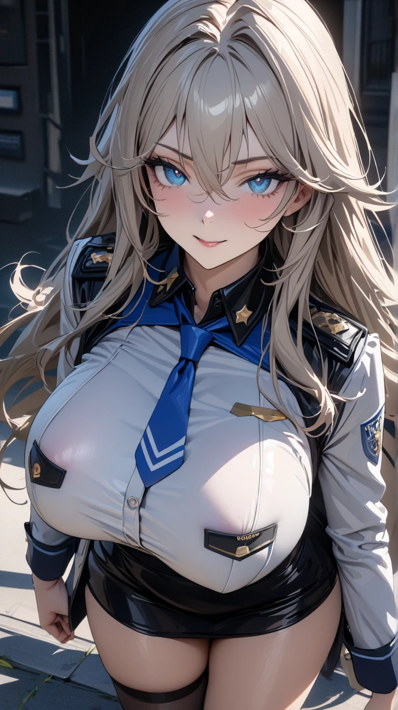 20 years old,1 mature woman,hyperrealistic, 8k, (extremely detailed 8k), (very delicate and beautiful), (masterpiece), (better quality:1.0), (ultra high resolution:1.0), (masterpiece, best quality),cute,white hair,acrobatic pose,white background,realistic skin,Combat Readiness,big breasts,angry,hime cut,black nail,extra long hair,police officer,full body