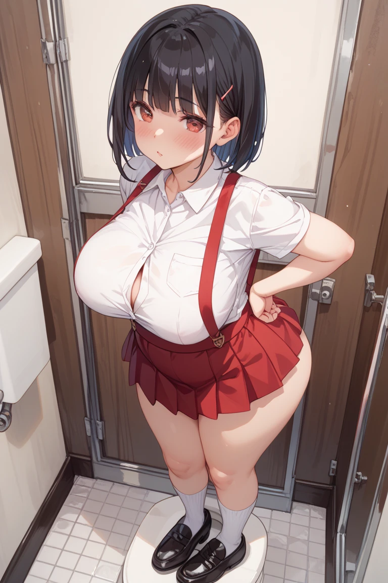 (POV from above), (Best quality: 1.5), (masterpiece: 1.5), (2.5D), (good definition), (detailed face), (well-drawn face), (vivid colors), (1 character), (exaggerated proportions), (hentai), (perfect anatomy), (character in the center), (absurd), (4k wallpaper), (detailed eyes), (perfect hands), (perfect fingers), (beautiful skin ), (shiny skin), (perfect shadows), (perfect lighting), (full body), (beautiful eyes), (masterpiece), (voluptuous body), (pretty face), young girl, dark brown hair, hair long straight with bangs, red eyes, wears (school uniform) with thigh-high stockings, flirtatious and lustful expression, huge breasts, huge thighs, huge butt, voluptuous body, good proportions, is walking down the street and a young boy with huge penis hugs her thigh