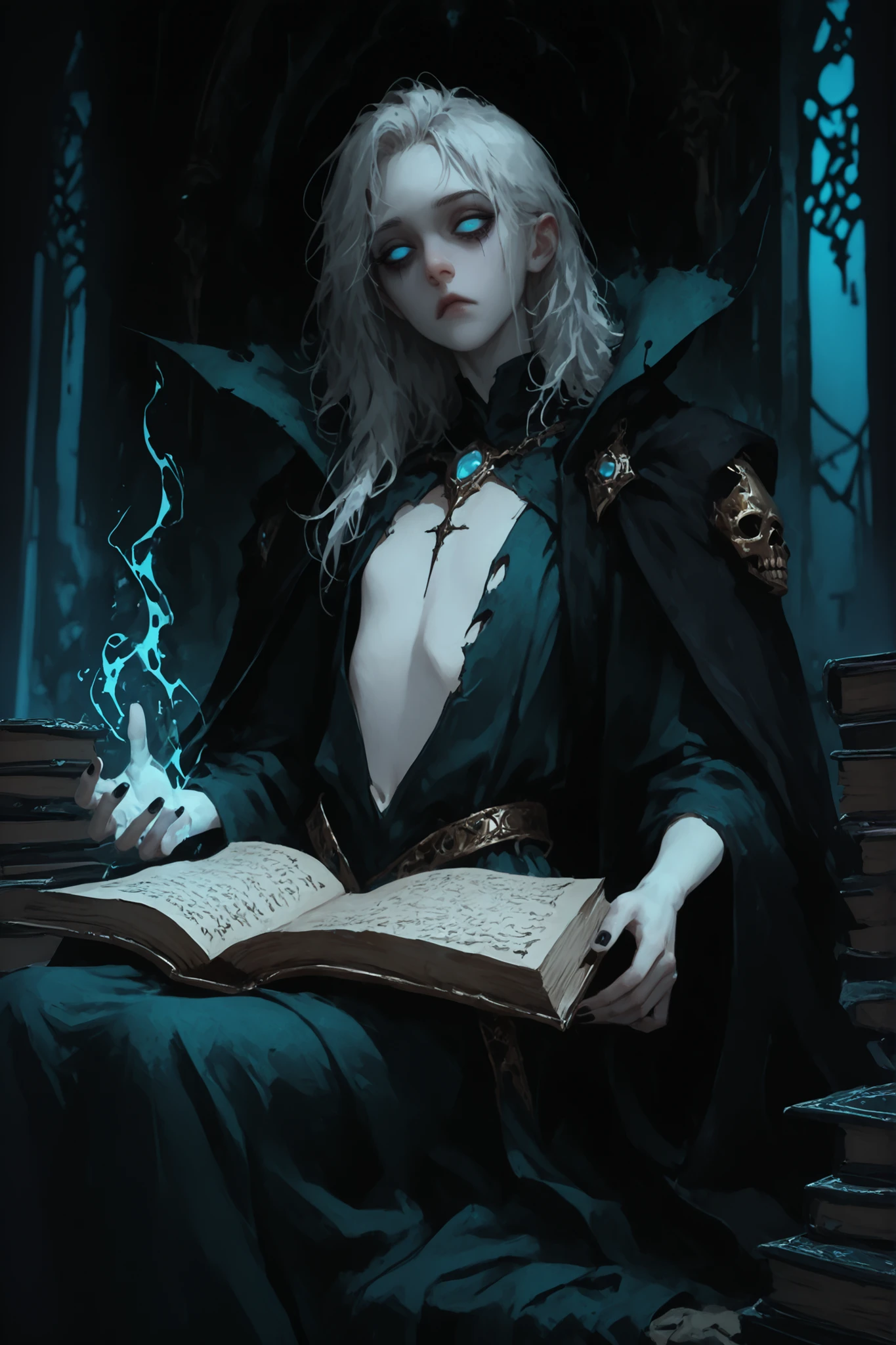 solo, female, faintly glowing blue eyes, empty eye sockets, long messy white hair, very pale skin:1.3, flat chest, slim, bored, tattered regal gown, black aura:.4, lich, magic, cape over shoulders, partially skeletonized, gold filigree black nails, holding book, dungeon, dark, close up, ancient book, sitting, calm