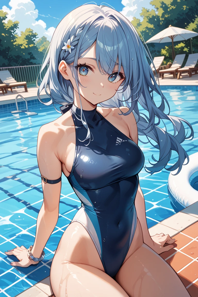slender beautiful girl, floral school swimsuit, light blue hair, high resolution, top quality, super detail, fine details, no blush, pool, splash, water, sunny sky, wet skin, small breasts
