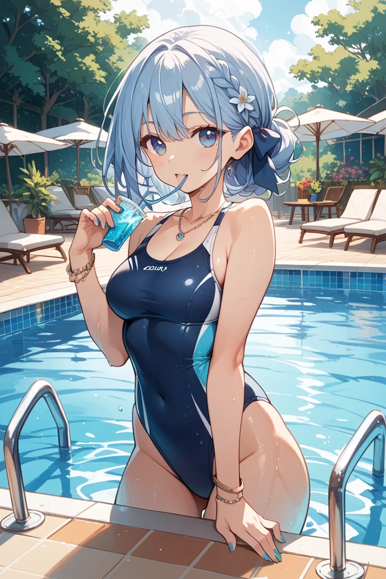 top-quality、Full limbs、complete fingers、Slender beauty、straight haired, very short hair、knee high、futuristic swimwear combination、Small eye lid、swimwear combination has an ultra fine mesh, swimwear combination translucent, the swimwear combination covers only vagina and nipples, you see nipples through bra, you see vagina slit through swim shorts,swimwear combination has the exact skin colour tone, very cheeky smile