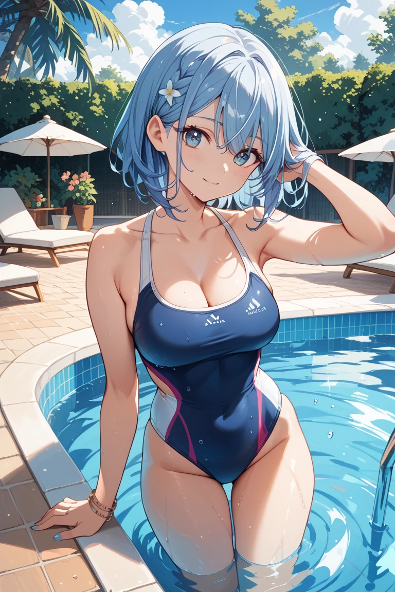 (best qualityer, masterpiece1.8), cute painting, a woman in a swimsuit in the water, wet swimsuit wear, is wearing a swimsuit wear, water armor, blue scales covering her chest, in water up to your shoulders, stands in a pool of water, swimsuit wear, scales covering her chest, wearing two - piece swimsuit wear, Nothing, with blue skin, deep blue skin, water demon, silver hair (hypdertailed)