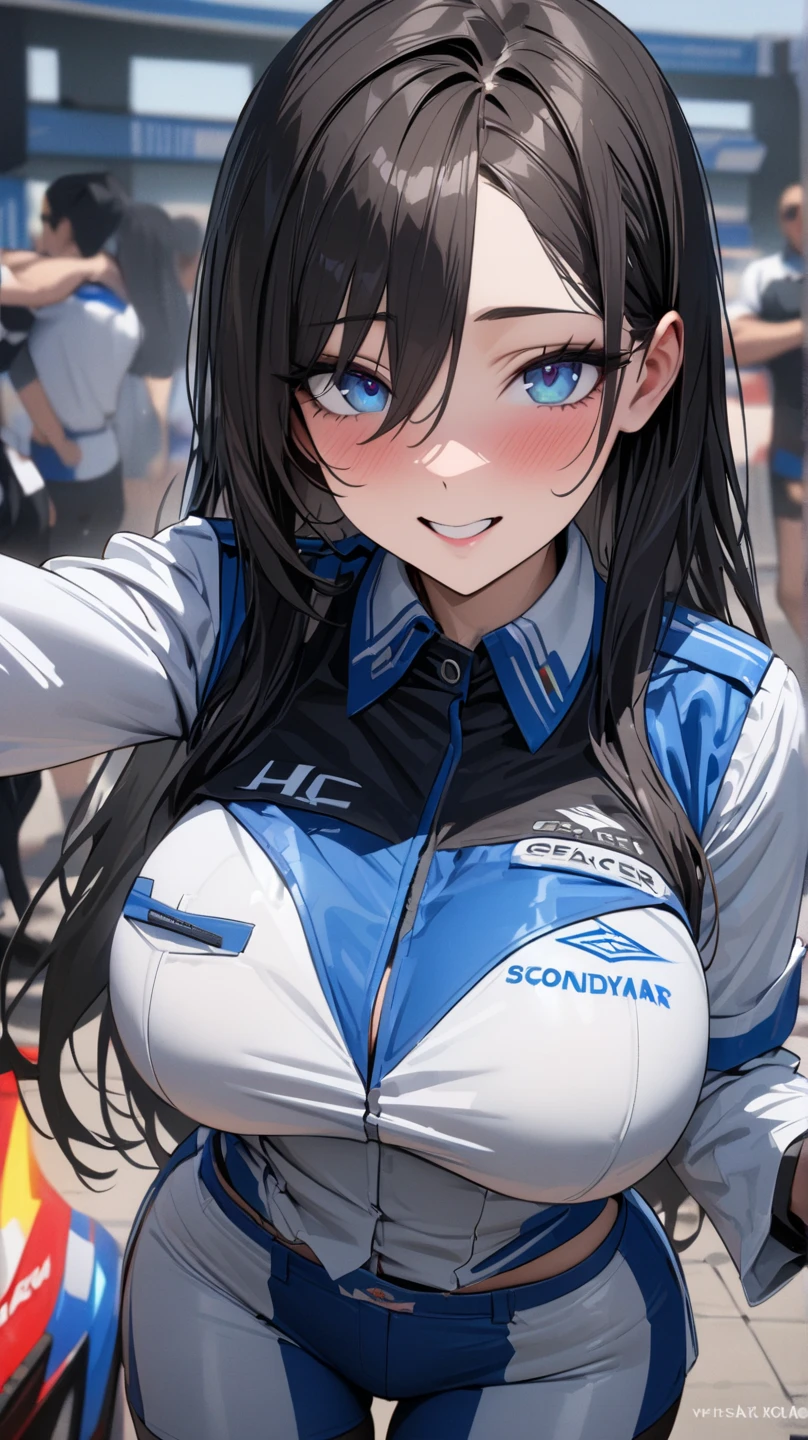 michirutojo, masterpiece, Looking at Viewer,
blue hair, large breasts,
racing suit,
Wink, Smile, Open mouth, blush,see-throughminiskirt