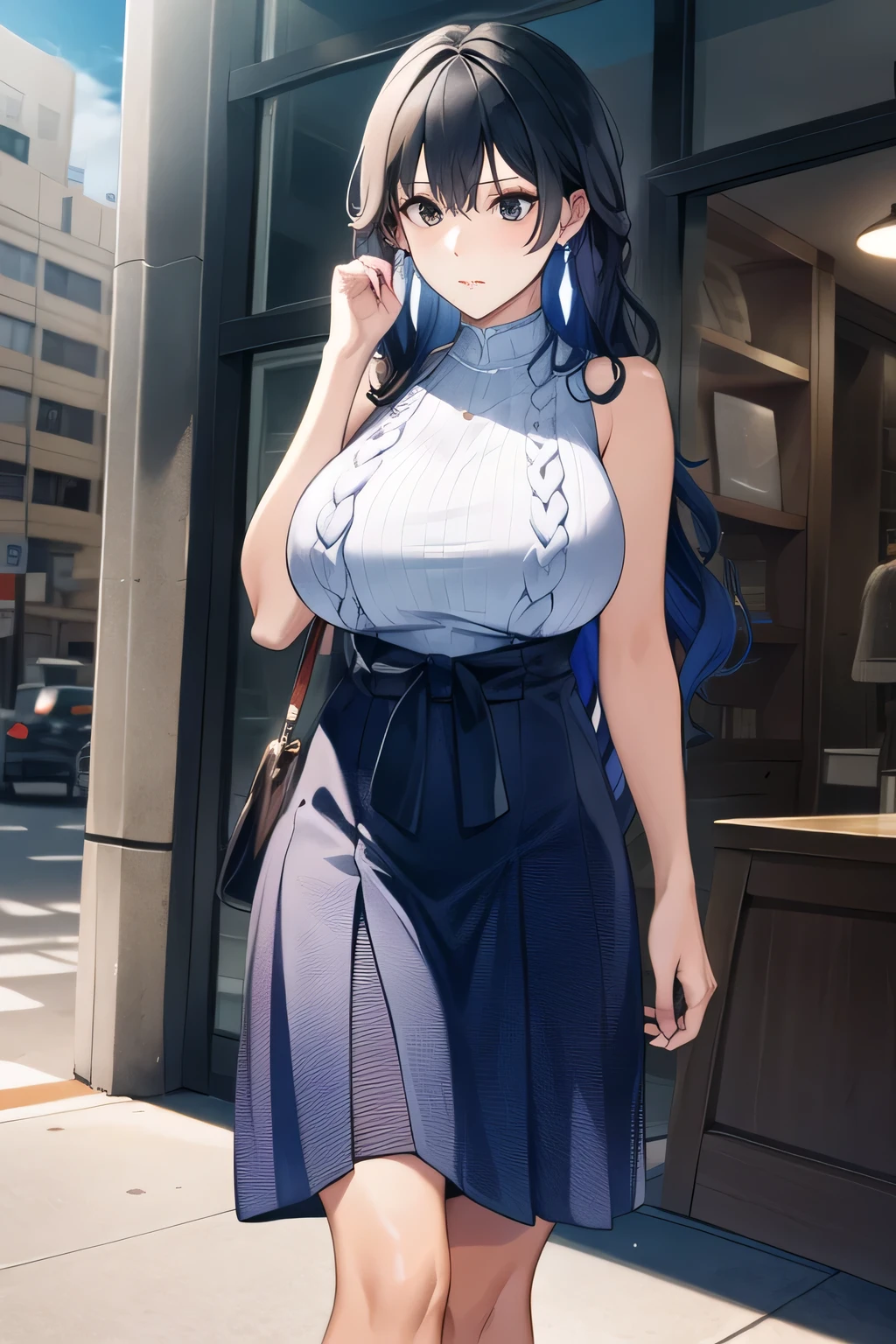 Can you draw a sleeveless dark blue long dress,Big Breastsでもウエストが細い,{{X}},depicts her expression more delicately,walking alone, city tour ,,(((she is dressed in casual tourist style))), I have a SLR camera ,(Let's draw a more delicate look),(sleeveless wool sweater),( Pleated Legs,white panties),(That work is enough for one person {X} is very important for work)、 That's all it takes,frown。unless the job requires it。 {X}、 , Attractive 40-year-old adult woman takes off her uniform, Big black wavy hair, , Big Breasts, thin waist , , ,