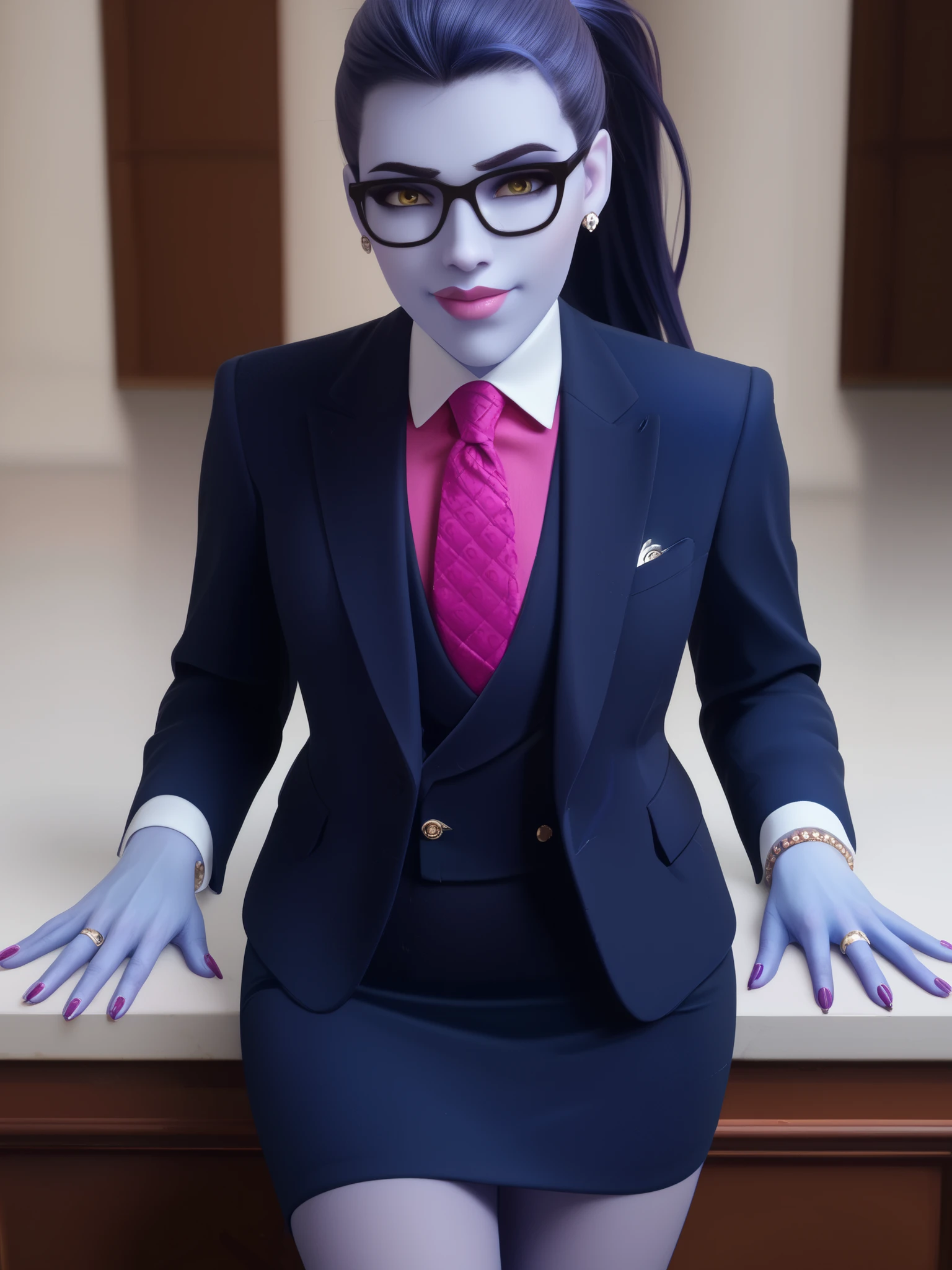 score_9, score_8_up, score_7_up, BREAK
wdwmakr, owwidowmaker, (((colored skin))), (((blue skin))), head turned, (((glasses))), lipstick, long hair, ponytail, yellow eyes,,lips,1girl,solo,
three-piece suit, formal, jewelry, navy blue jacket, purple necktie, earrings, jacket, (((pink satin shirt with white collar))), jacket, shirt, lips, (((black leather skirt))), pencil skirt, pocket square, cufflinks, shiny clothing, bare legs, confident pose
Face shot,Looking at viewer, smug, smirk, adjusting necktie, tightening necktie, above the knee skirt, stockings, purple nails, high shirt collar, hair strands, hands on hips, slender,