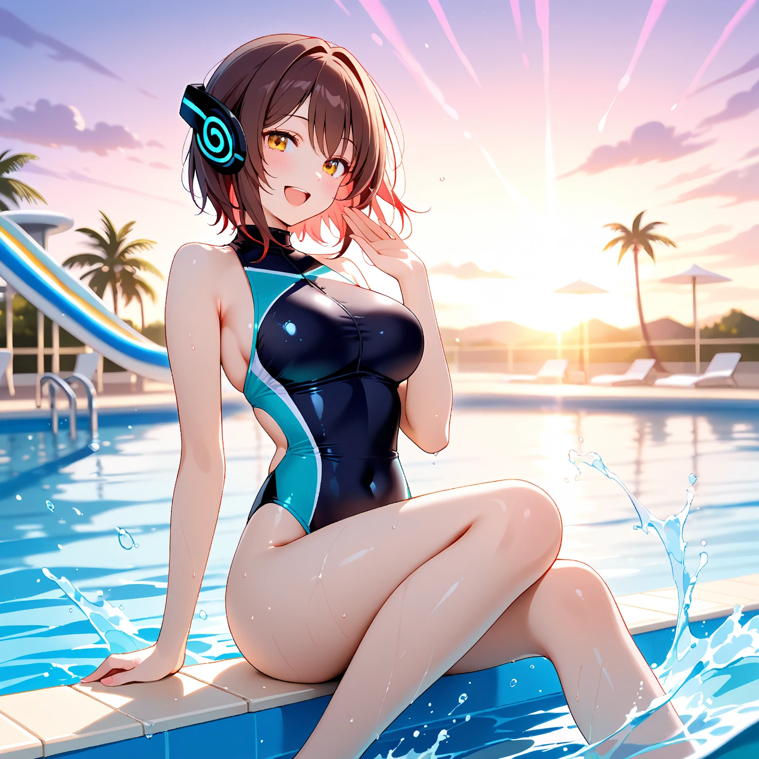 ((Top Quality)), ((Masterpiece)), ((Details)), perfect face, perfect body, sitting by the pool, listening to music, wearing headphones, wearing swimsuit, transparent swimsuit, wearing clothes exposing tight hips and breasts Woman with face visible, sitting with legs apart