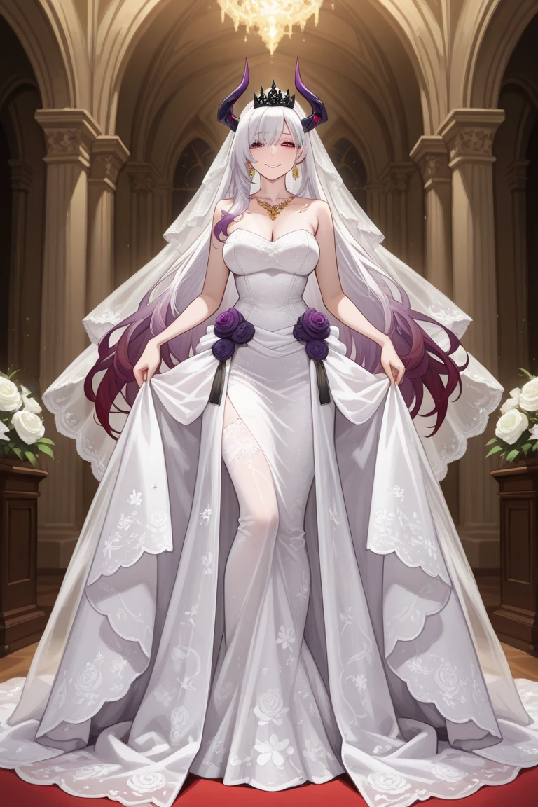 Extremely long white hair, purple eyes, dreamiest female figure, gorgeous 16 year old bride in a stapless wedding dress.