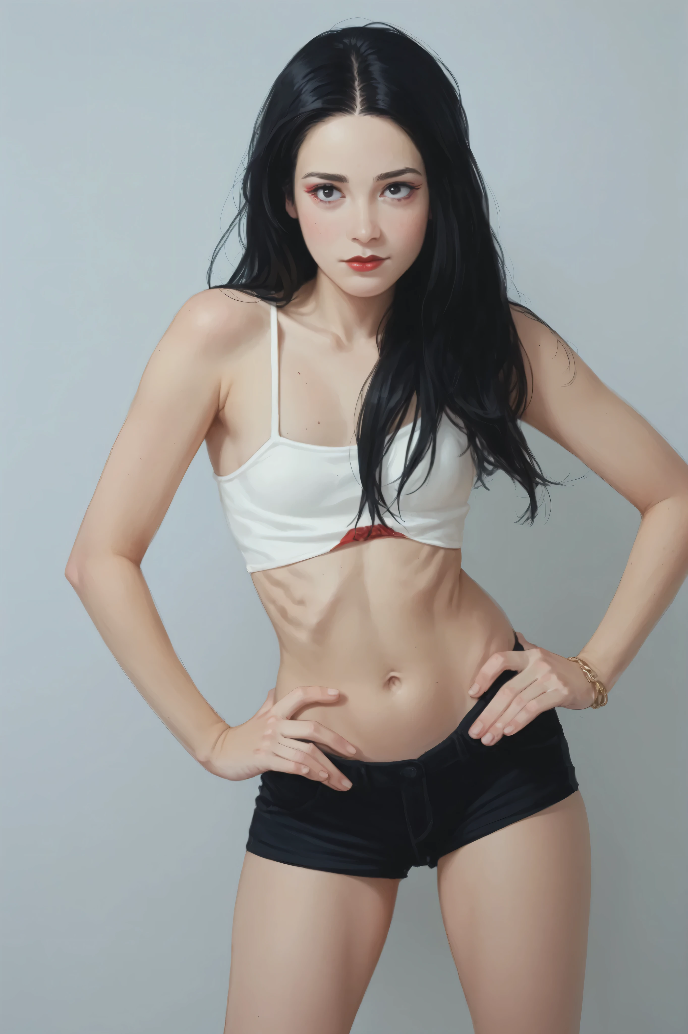 Photograph of an anorexic emaciated extremely skinny swedish female model, she is laghing, she has a thick 12" thick black choker on her neck, she has a pearl necklace, show entire body of model from toes to head, she has a big smile, teeth are showing, she is sitting on a stool, she is looking at the camera, her legs are spread apart, show breasts, show legs, small sized breasts, lace underwear, she is not wearing a top or bra, she is naked, she has a white ribbon in her hair, she has long purple hair, she has no bags under her eyes, she has a good even colored skin complection, she has large hoop earings, she is wearing a diamond wrist watch, she has bright red lipstick, incredibly skinny body, extremely skinny body, emaciated body, tiniest waist ever, well-defined collar bones, well-defined hip bones, well-defined ribcage, extremely skinny arms and legs, weak and fragile body, masterpiece, anatomically correct, textured skin, super detail, high details, high quality, best quality.