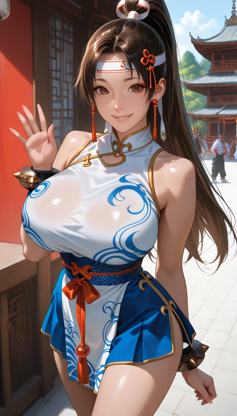 ((ultra quality)), ((tmasterpiece)), Chun Li, ((brown-haired woman)) (Beautiful cute face), (beautiful female lips), Charming, ((aroused expression)), looks at the camera with a gentle smile, eyes are slightly closed, (skin color white), Body glare, ((detailed beautiful female eyes)), ((brown eye)), (juicy female lips), (beautiful female hands), ((perfect female figure)), perfect female body, Beautiful waist, gorgeous big thighs, beautiful breasts, ((Subtle and beautiful)), seductively worth it, (close-up of the face), (dressed in a blue sundress with a sexy neckline) background: country house, backyard, evening, Beautiful sunset, ((Depth of field)), ((high quality clear image)), (crisp details), ((higly detailed)), Realistic, Professional Photo Session, ((Clear Focus)), the anime