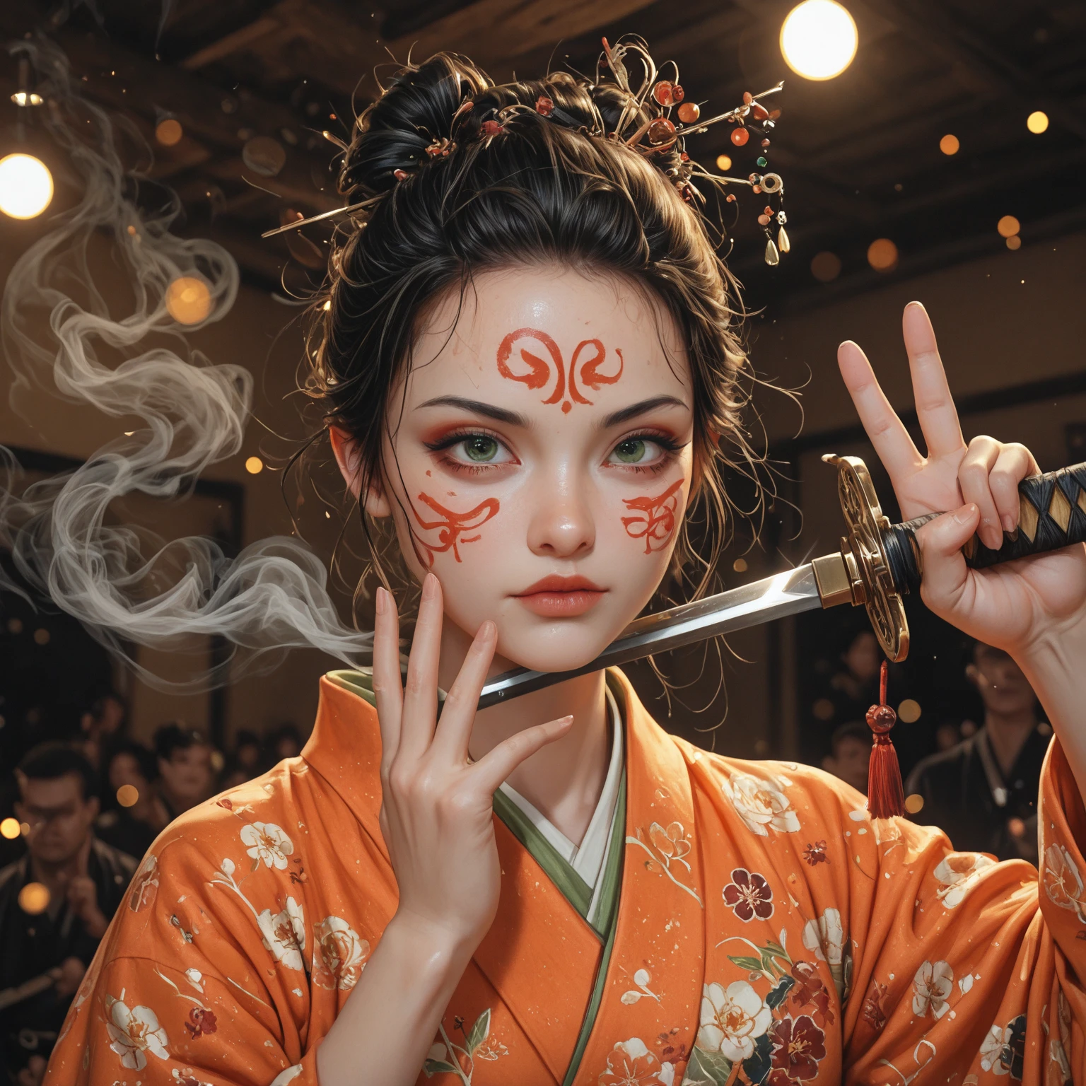 (Masterpiece), (Excellent), (Super Meticulous), (Full Body: 1.2), Super Beautiful Woman, Japanese Female in stunning kimono, huge breasts, showing cleavage, skindentation, (Mature face:1.4) Beautiful, Sakura leaves pattern, Sexy, Bursting, Oriental Face, TV Anchor, Bust Portrait Illustration, Alone, Black Suit, Blue Tie, Slightly Chubby Face, Very Clean Face, No Beard, Black Super Short Hair, Black Eyes, Confident Smile, 3c Computer Sub-Products, iPad, iPhone, Digital Painting, 3D Character Design by Mark Clairen and Pixar and Hayao Miyazaki and Akira Toriyama, The illustration is a high-definition illustration in 4K resolution with very detailed facial features and cartoon-style visuals.