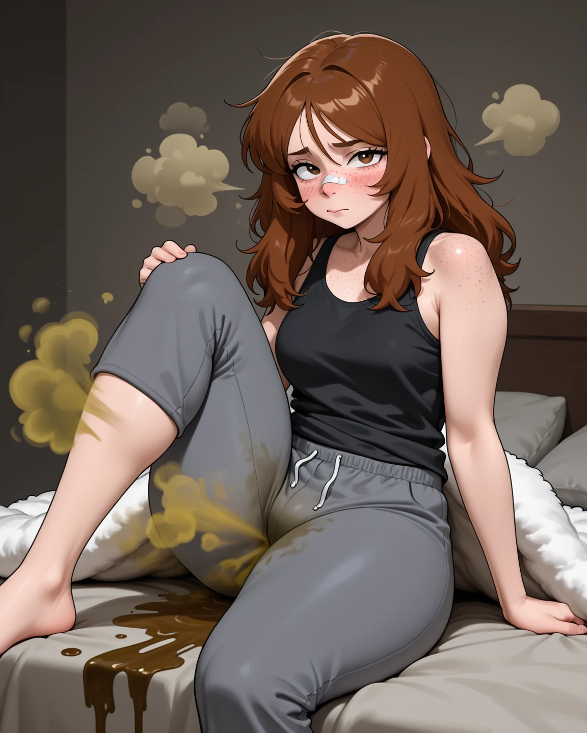Make an image of a blonde with blue eyes with curly hair like angels in black leggings and barefoot and she is the most beautiful in the world shitting on the floor