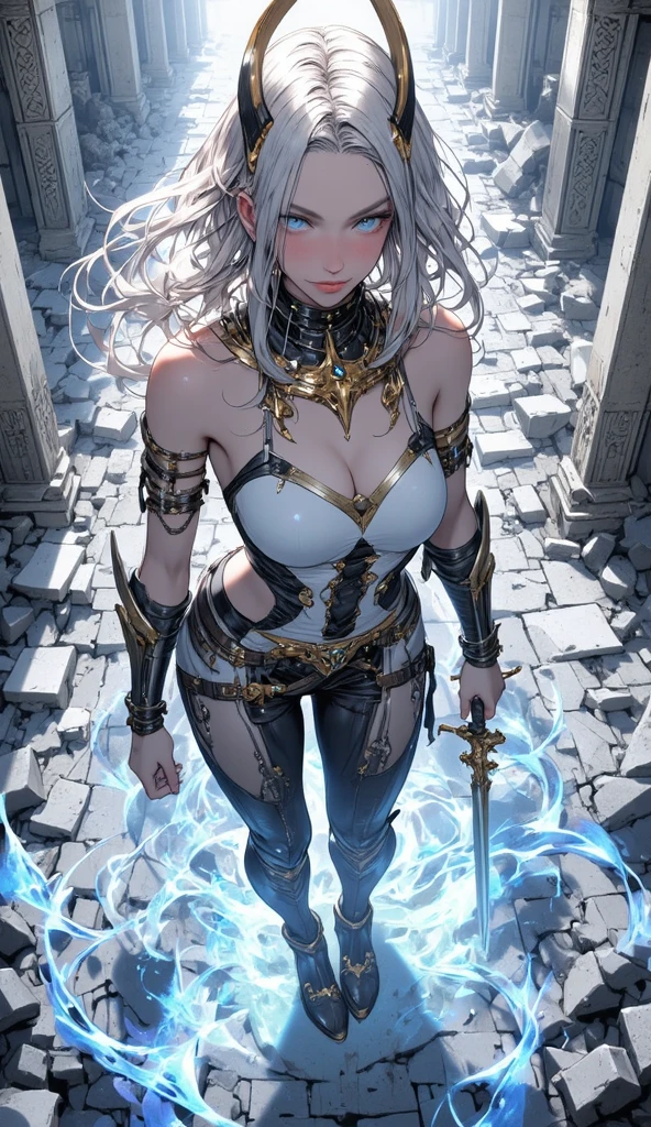 top-quality、Top image quality、​masterpiece、girl with((Silver and black mechanical body armor、silver mechanical arm、silver leg arms、Shining red body line、sixteen years old、teen ager、cute little、Best Bust、big bast,Beautiful shining purple eyes、Breasts wide open, white  hair、black mechanical wing,Longhaire、A slender,Large valleys、belligerent movements,sharp claws、anchor chain、chain、chains、Beam Cannon、Have an ice sword、fighting poses)),hiquality、Beautiful Art、Background with((natta、snow blowing、Oyuki、Yuki、ice tower、big ice house、White smoke)))、,masutepiece、depth of fields,Cinematic style
