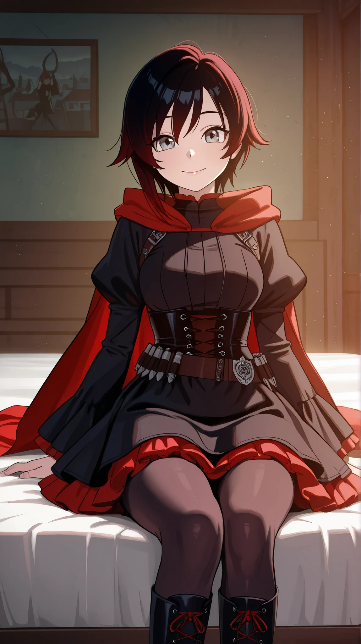RubyR0se, 1girl, black hair, red hair, two tone hair, gray eyes, Vol1Huntress, black dress, corset, red frills, frilly sleeves, black pantyhose, lace-up boots, bandolier, red cape, indoors, bedrroom, sitting on the edge of the bed, looking at viewer, pov, smile, upper body, close-up of face, facing viewer, face-to-face, score_9, score_8_up, score_7_up, source_anime, anime_screencap, masterpiece, best quality, highres, high detail