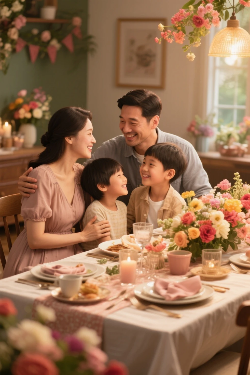 A heartwarming, cinematic scene of a family gathered around a beautifully set table for Mother's Day celebration. The mother, wearing a radiant smile, is the focal point at the center of the table, with her husband and children surrounding her, each expressing their love and affection. A vase of fresh flowers adorns the table, adding a touch of elegance and a sense of unity. The sunlight streams in, casting a warm golden glow on their faces, accentuating their happiness and joy. The laughter and smiles of the family capture the essence of a memorable and loving gathering on this special day., photo, cinematic,