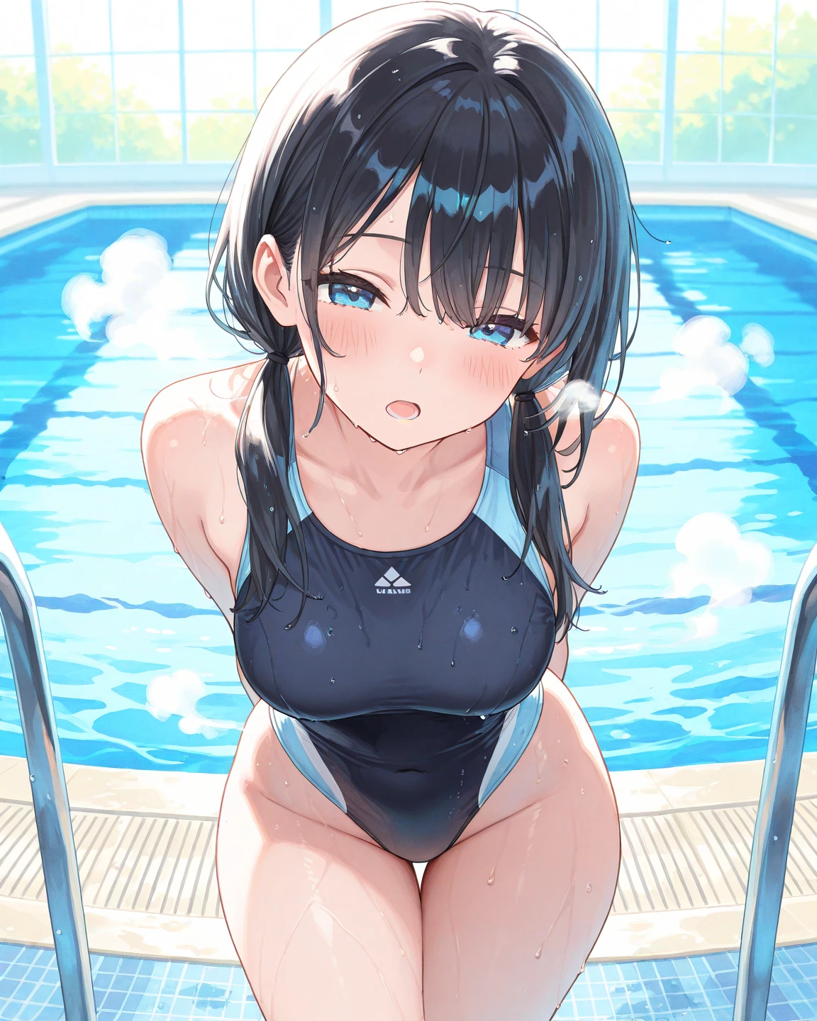 Two Women、beautiful girl、swimming practice、A large group of female students、Crowd of women、The crowd is wearing school swimsuits、high school girl、Navy school swimsuit、Long Hair、Poolside、Highest quality,  Thick thighs、Big  、Black Hair、Sit with your legs apart、Stick out your lower body、Water Drop、Wet body、The girls huddle together、The crowd frolics