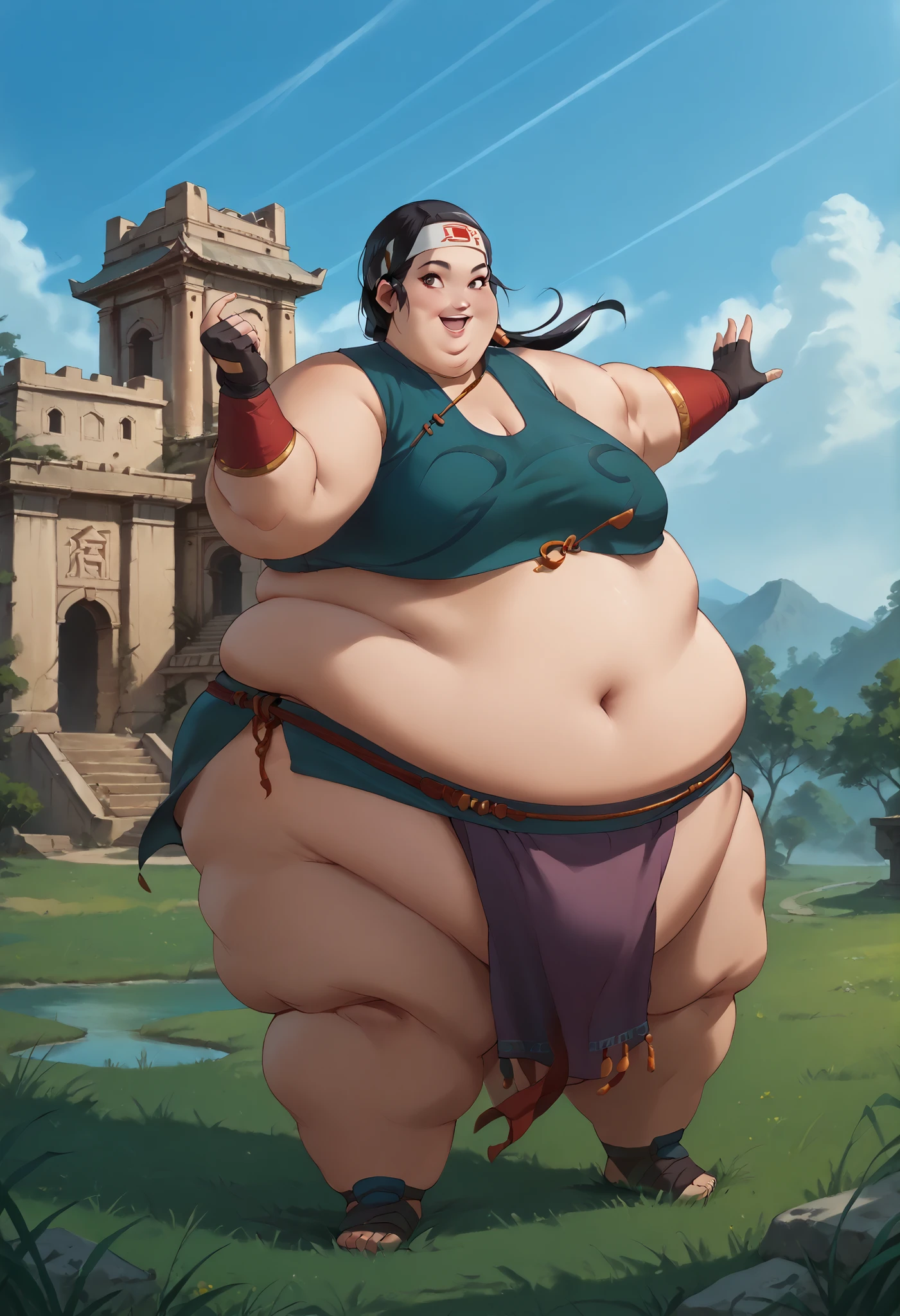 score_9, score_8_up, score_7_up, source_anime, BREAK solo, 1 girl, haylin, black hair, low ponytail, headband, sleeveless crop top, cleavage, midriff, loincloth, armlet, fingerless gloves, smile, open mouth, looking at viewer, breasts, 1 girl, solo, grass, temple, sky, full body