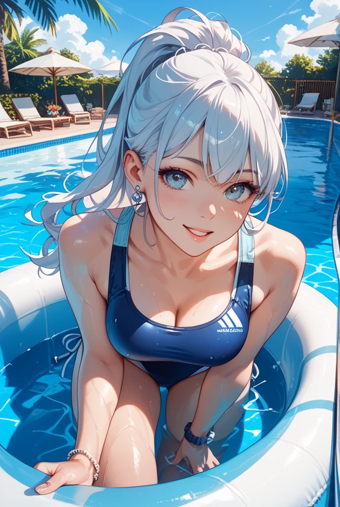 1 beauty, Light Purple Eyeshadow,platinum-blonde-hair, Watery Big Eyes,Beautiful constriction,teeth are slightly protruding,Shy smile,long eyelasher,Blushlush, in poolside, Wet whole body, ((Platinum Color Bikini Swimsuit:1.2)),(long hair wet and disheveled,:1.4),bustshot,Dynamic Angle Zoom, Perfect fingers, Large jets of water emanating from the front,(profuse sweating from the face,,,:1.2), Splattering splashes shine:2, fine splashes on the body,stick out your ears, High-speed camera:1.2、facefocus