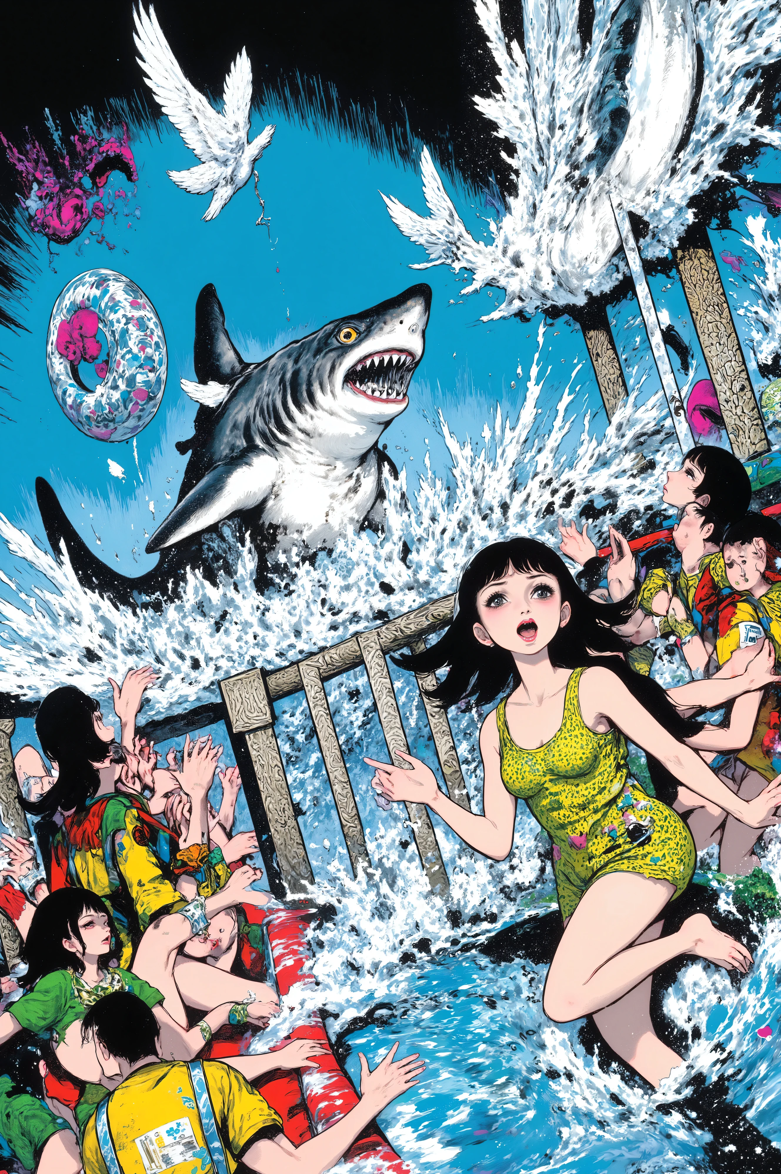 A terrified woman is shown prominently in the foreground of a summer water park scene. She is wearing a bright swimsuit, her mouth open in a scream, eyes wide in fear. Her face and upper body are clearly visible and anatomically accurate. Behind her, a large, realistic shark bursts from the pool in mid-jump. The shark’s body is well-defined, with visible teeth, sharp fins, and dark eyes. It is clearly separated from the human figures, positioned in the background, splashing water high into the air. Around the scene, people are running, lifeguards are shouting, and inflatable toys fly through the air. The characters and the shark are both depicted with correct anatomy and dynamic movement. The atmosphere is wild, comic, and filled with summer chaos.