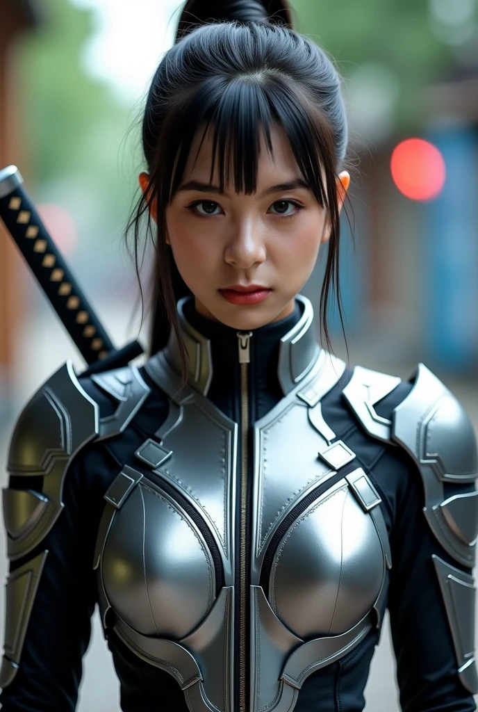 (best quality), oriental detailed background, science fiction,mechanical arms,girl with man , war, monster army, techwear,, military uniform