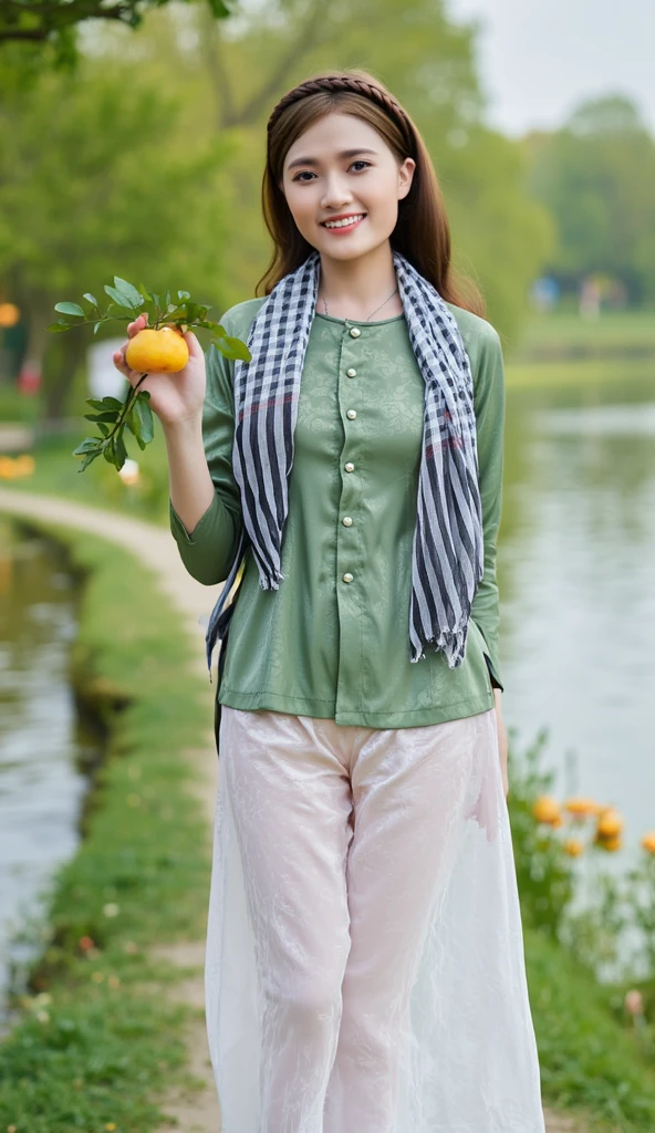 Realistic photos of (1 cute Korean star) blue french braid, thin makeup, slightly smile, 32 inch breasts size, green v-neck t-shirt, pants, walking in the firld, upper body portrait, UHD, green shoes, background river