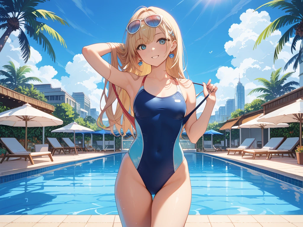 1girl, lucy heartfilia, smile, blush, ((W-sitting on the floor with your back turned)), (a seductive pose), view audience, thighs, sexy swimwear, (((sweaty))), realistic skin texture, (dynamic angle, Composition looking up from below), sexy, CG, unity, 8k, wallpaper, highest quality, masterpiece, best lighting, detailed background, complex pupils, complex textile, at the outdoor pool, (blue Sky: 1.5)
