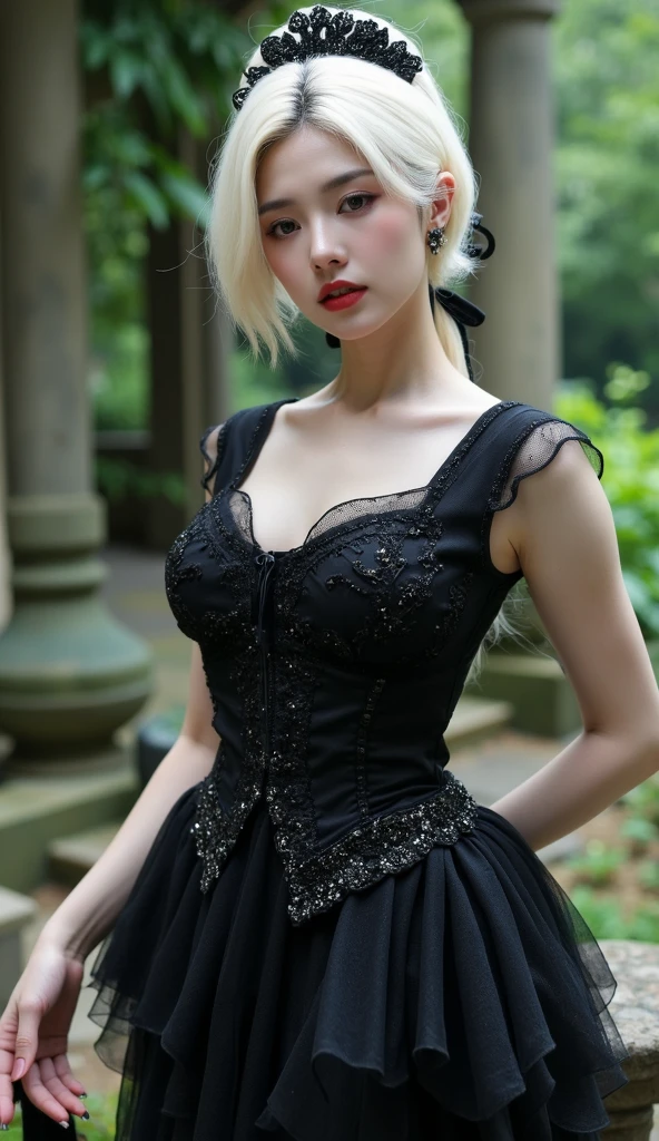 ((best quality)), (surreal),((High quality photos)),(perfect face),(master piece),(beautiful girl),gothic,Black dress,standing position,palace,blue eyes