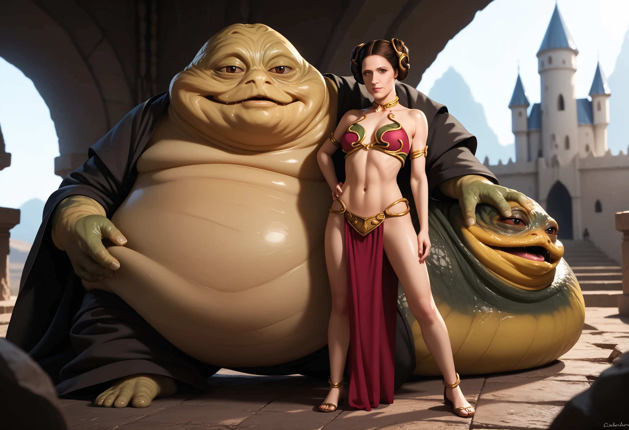 princessleia, brown hair, hair buns, brown eyes, natural medium breasts, BREAK, slave Leia outfit, BREAK, (full body), looking at viewer, seductive, sexy pose, in front of, BREAK (1male) jabba the hutt, monster, snake, orange sclera, colored skin. size difference, leering, BREAK, outside a deserted medieval castle, BREAK, zPDXL3, masterpiece, dramatic lighting, highly detailed, depth of field #Leia-Leila-00