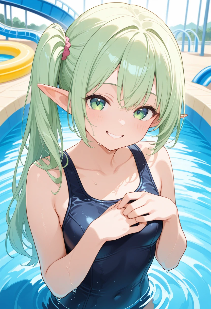 Girl, green hair, long hair, green scales on thigh, frilled ears, bikini, pool, small ,
