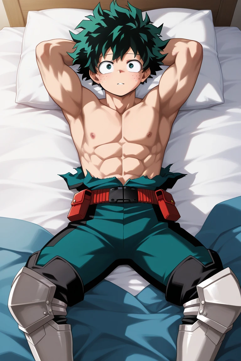 (masterpiece, best quality:1.2), solo, male focus, 1boy, midoriya izuku, short green hair, green eyes, no shirt, no pants, wearing green boxer briefs, teenager, toned slender body, domed helmet with transparent visor over eyes, mind control device, blank expression, mouth hanging open staring straight forwars, relaxed body posture, sitting in chair, anime style, my hero academia style