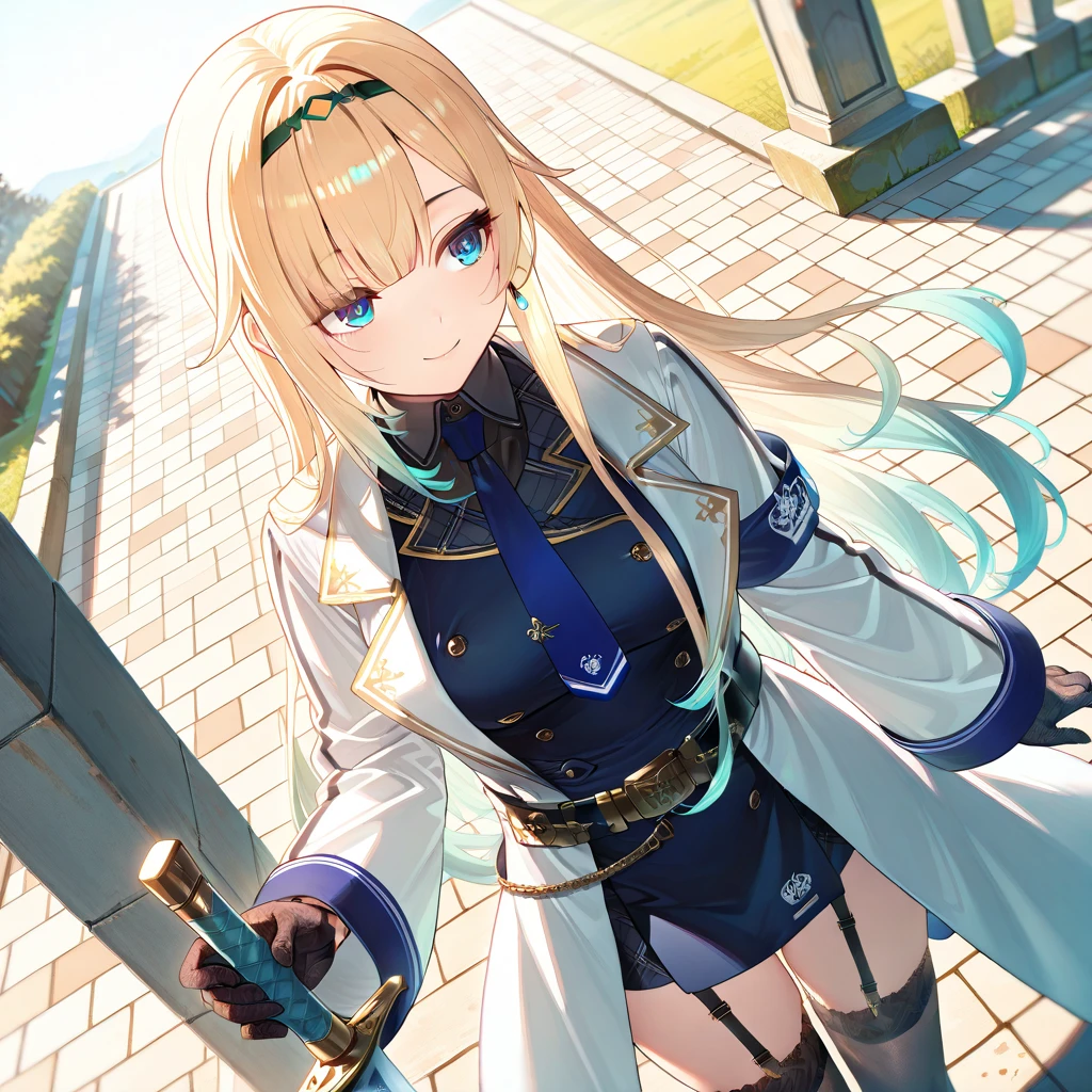 High Quality,Super Detail,最High Quality,very detailed,beautiful,perfect lighting,masterpiece,Absard Dress,very aesthetic,sensitive break
Emma Military, 1 girl, solo, long hair, headband, earrings, mini dress, ties, gloves, white coat, belt, Garter Straps, to thigh,
 smile,

Dutch angle, 
pattern, sword,put your hands together, from above, 
standing, stares at the viewers, cowboy shot, open your legs,
Outdoors, day,