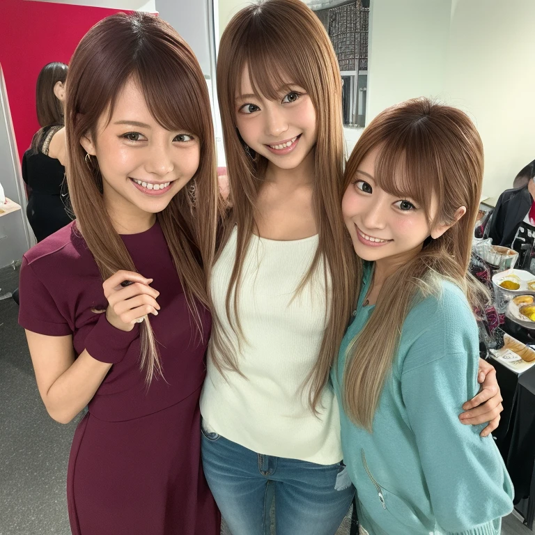 Three 19-year-old women、Bob Hair、Medium breast、smile、Sleeveless graphic shirt、Tight mini skirt with slit、Shopping、Inside an apparel shop、Three people in a row、masterpiece:1.3、Raw photo quality、Highest quality、Detailed image quality、Detailed Background、