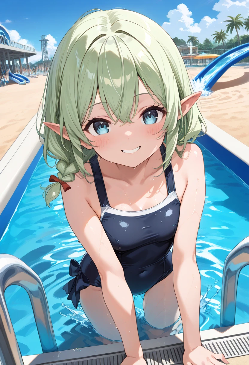 tmasterpiece, best qualtiy, Fine and detailed, A high resolution, Extremely Delicately Beautiful, (white hair), Close-up Shot Shot, (Green eyes), Be red in the face, cleavage, swimsuit, photo, perfect bodies, perfect bodies, white stockings, (Overlooking), sea, flat chested