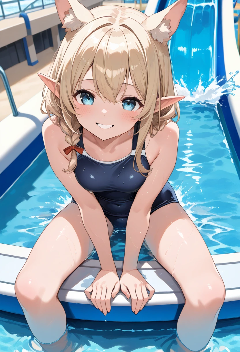 , outside, open mouth, smiling, daylight, short, small, pointy ears, blonde hair, swimsuit, bikini