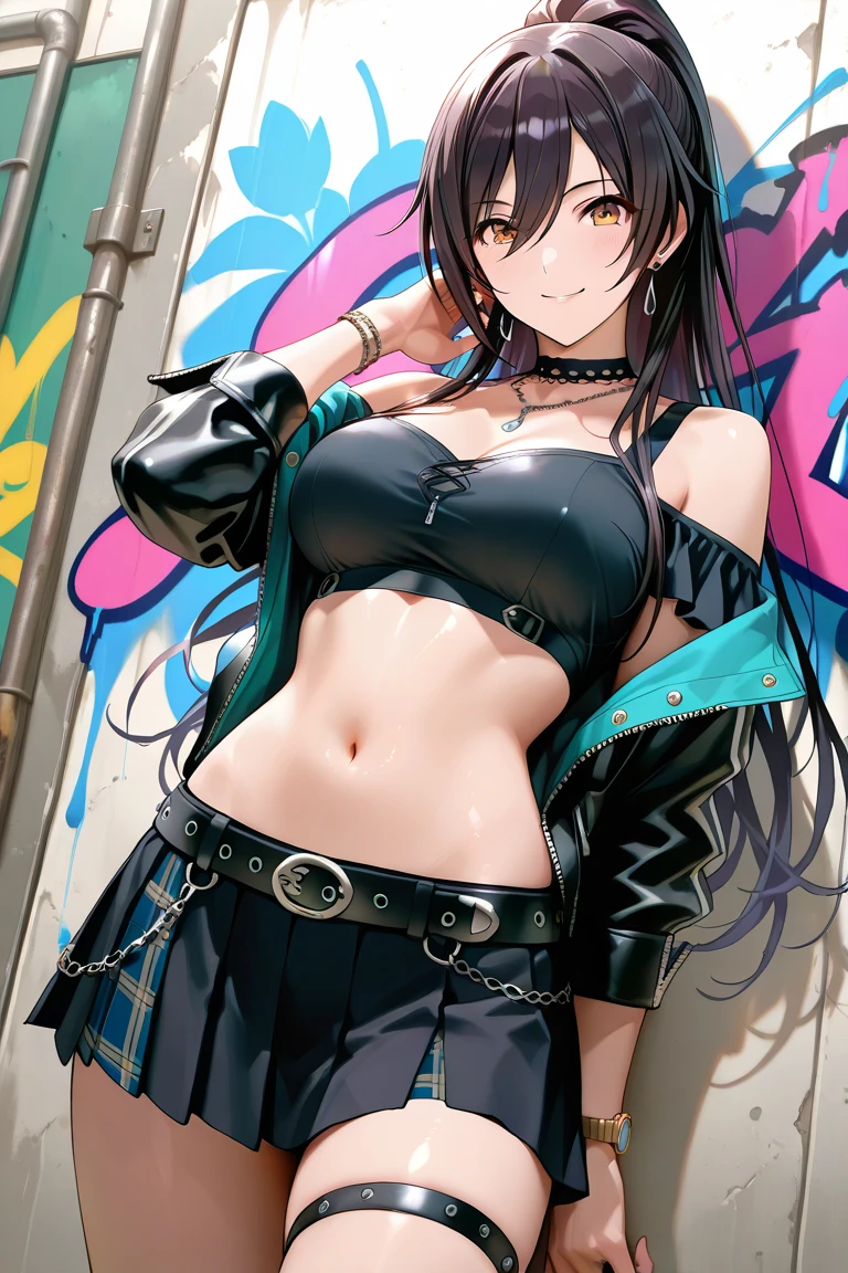 1girl, shirase sakuya, high ponytail, long hair, blush, lipstick, long hair, Hot girl, baddie, staring, glaring, bad attitude, mean girl, crazy, smoking, mall, shopping center,indoors, smile, open mouth, masterpiece,high quality,4k, bare shoulder,belly,crop top,holding pistol,cleavage,shirt, knot,, smile , evil expression, exposed belly, exposed navel, exposed midriff, exposed lower belly, crop top overhang, underboob,jacket, unbuttoned jeans , low rise black jeans, Low rise jeans, Low rise jeans with open fly, (nsfw) not safe for work, navel piercing