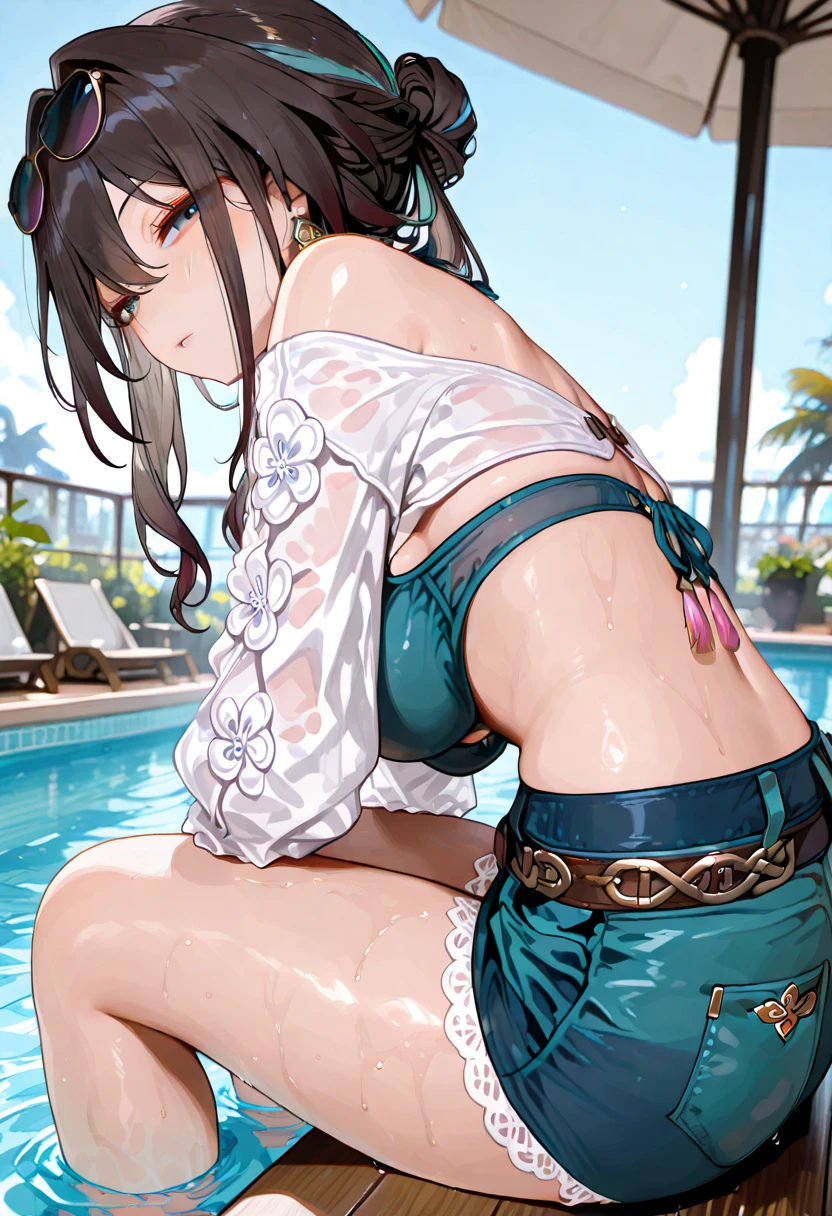 realisticlying,1 girl lying on the seashore,Green hair,Purple eye,glowing light eyes,Cut the top,a skirt,parted lip,Be red in the face,the night,fresh flowers,suns,rays of sunshine,Huge breasts,Beautiful and moving,