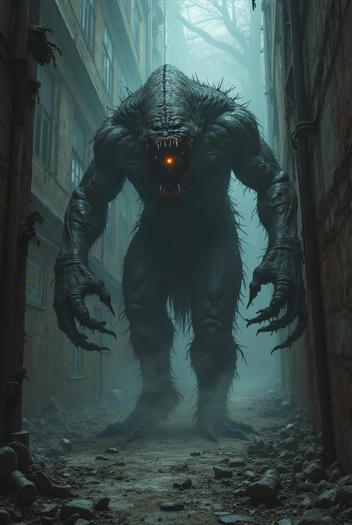 black back ground, monster alien evil sci-fi fog, wet skin, raining