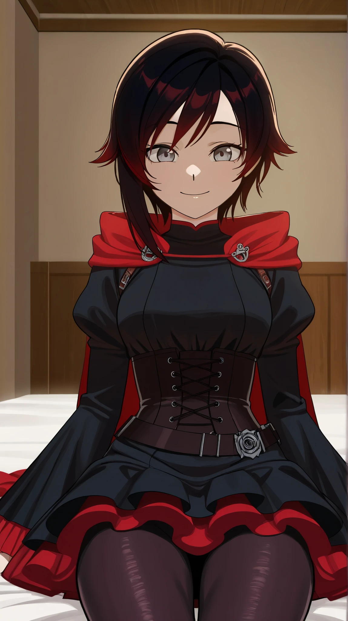 RubyR0se, 1girl, black hair, red hair, two tone hair, gray eyes, Vol1Huntress, black dress, corset, red frills, frilly sleeves, black pantyhose, red cape, indoors, bedrroom, sitting on the edge of the bed, looking at viewer, pov, smile, upper body, close-up of face, facing viewer, face-to-face, score_9, score_8_up, score_7_up, source_anime, anime_screencap, masterpiece, best quality, highres, high detail
