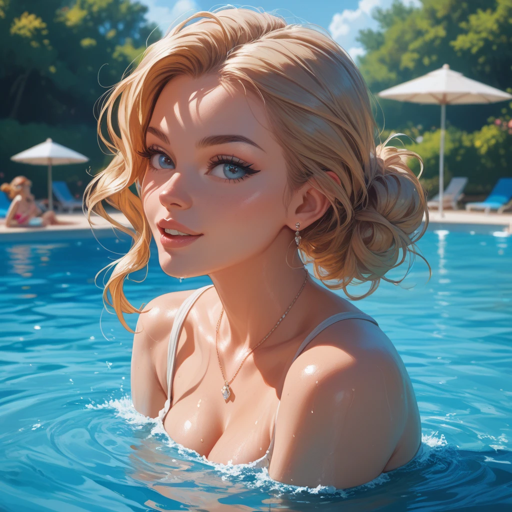 photo of the beautiful Chubby 25 year old blonde ukrainian woman in a lake, frozen lake, ((only her head and shoulders above the water)), wet hair, wet skin, wearing wet transparent bra, crushed ice in water around, Winter landscape in background, wet blonde hair, grey eyes, big breasts, (breasts under water), (swimming), photorealistic , masterpiece, hyper realistic, 