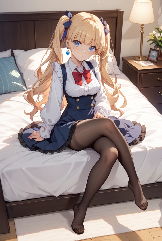 Young jennifer aniston, panty covered by super realistic detailed shiny black transparent pantyhose,  sitting on bed,  legs open,  long curly hair, head bow, sun light 