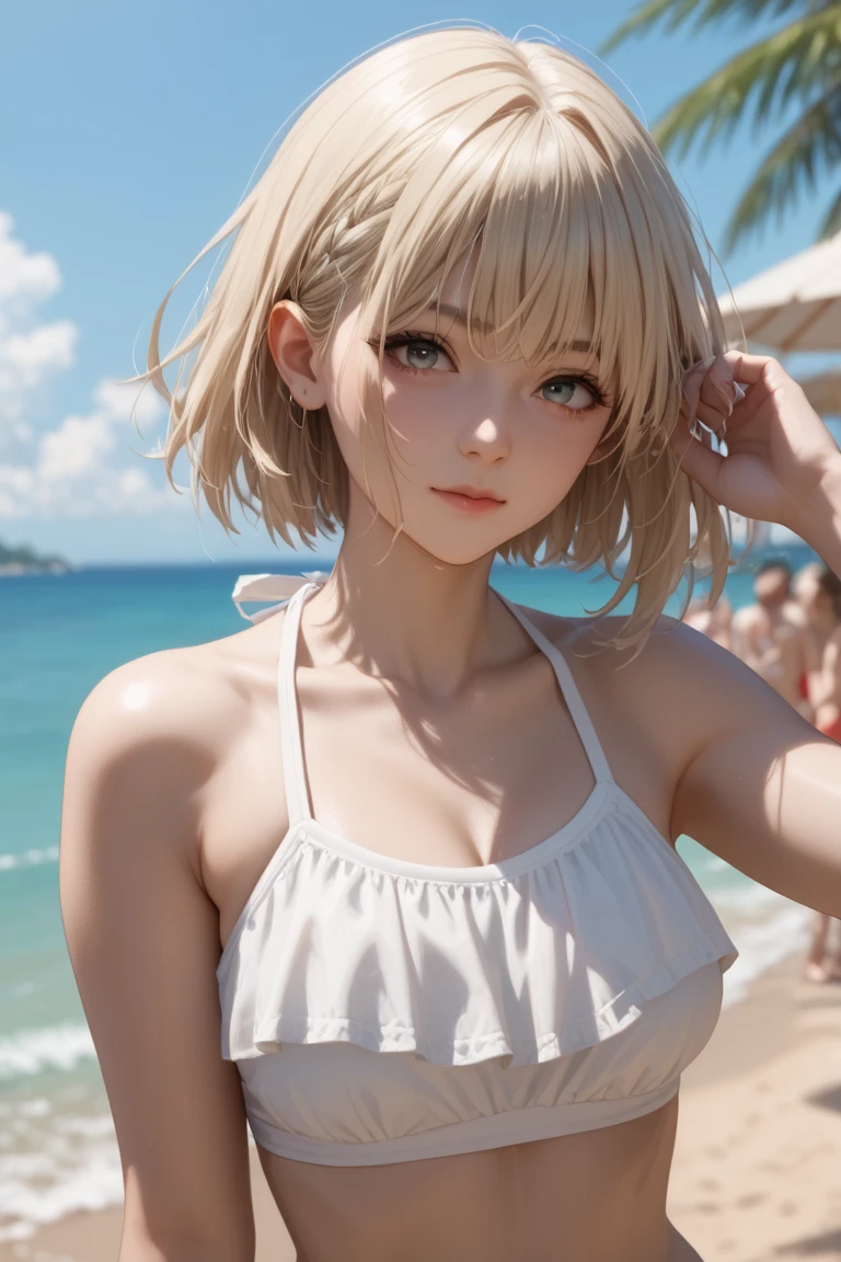 From the side、smile、Blonde Hair、White Bikini Swimsuit、Palm Tree、beach、Spiteful eyes、Blunt bangs,1 girl, 2D CG, Advanced Digital Animation Art, Anime characters