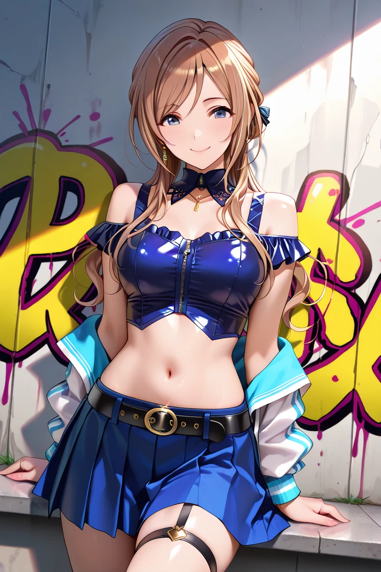 Original Character, Volumetric Lighting, Best Shadows, Shallow Depth of Field, Portrait Of Stunningly Beautiful Girl, Petite, Delicate Beautiful Attractive Face With Alluring Yellow Eyes, Messy Painted Face, Sharp Eyebrows, Broadly Smiling, Open Mouth, Fangs Out, Lovely Medium Breasts, Layered Long Twintail Blond Hair, Blush Eyeshadow, Thick Eyelashes, Applejack Hat, Oversized Pop Jacket, Mini Underboob Tee, Open Navel, Slim Waist, Denim Jeans Pants, With Buckle Belt, In The Graffiti Alley, Waste Container, Outside Stairs, Outdoor Unit, Holding Spray Paint Can, Standing, (Highest Quality, Amazing Details:1.25), (Solo:1.3), Brilliant Colorful Paintings